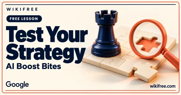 WikiFree Test Your Strategy lesson cover with a navy chess rook and coral magnifying glass over a cream puzzle board.