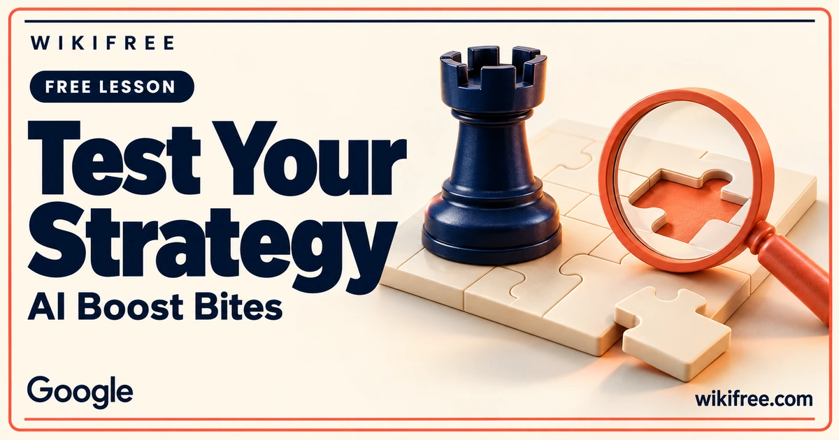 WikiFree Test Your Strategy lesson cover with a navy chess rook and coral magnifying glass over a cream puzzle board.