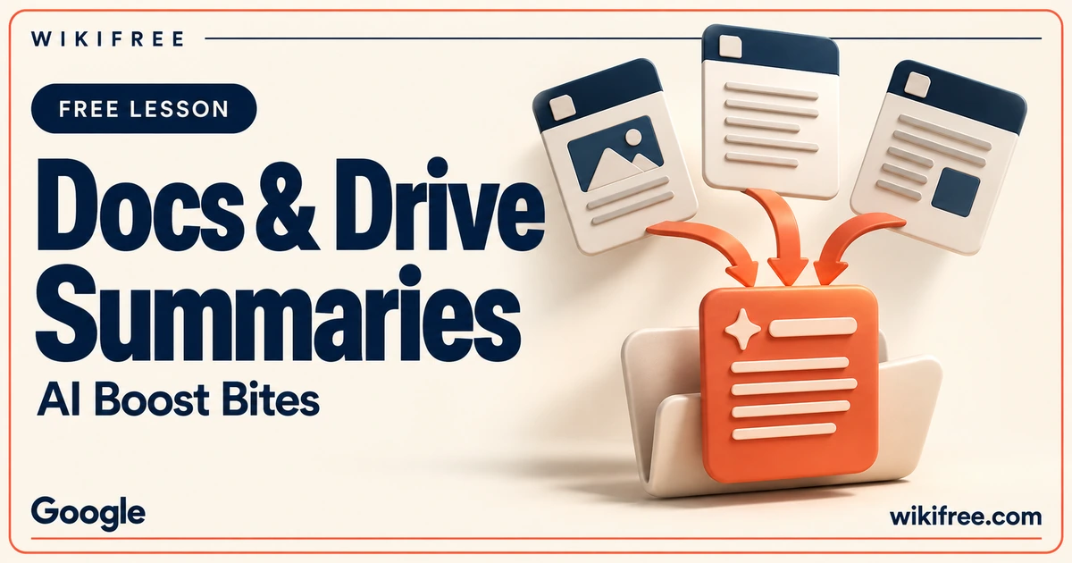WikiFree Docs and Drive Summaries lesson cover with document and image cards converging into a summary folder.