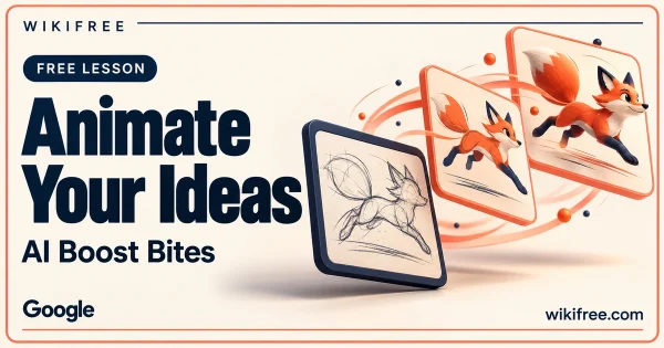 WikiFree Animate Your Ideas lesson cover with a fox sketch becoming illustrated animation frames.