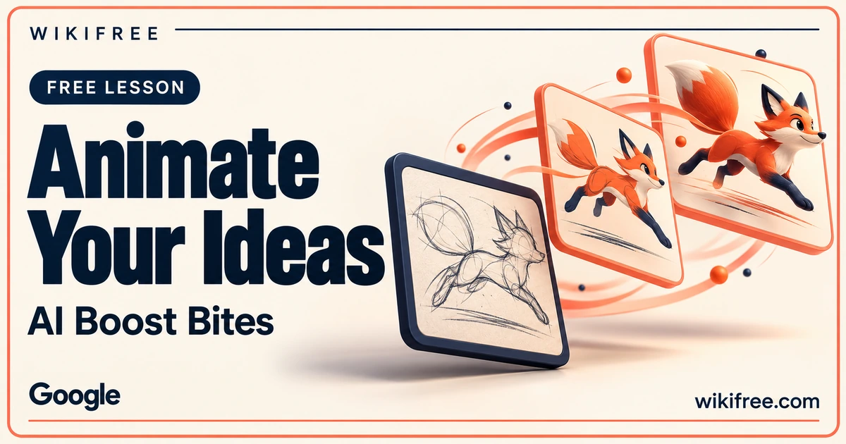 WikiFree Animate Your Ideas lesson cover with a fox sketch becoming illustrated animation frames.