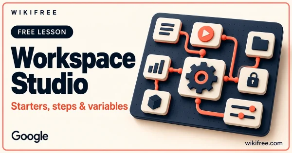Workspace Studio lesson cover with an illustrative workflow canvas, starter blocks and control gear.