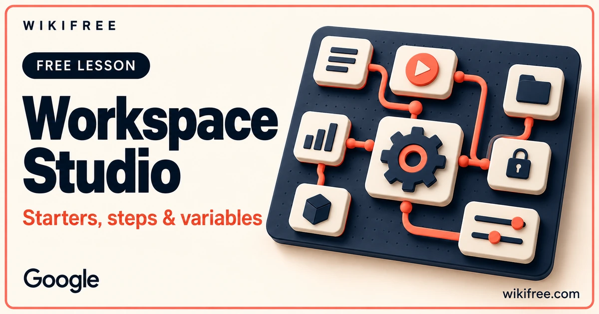 Workspace Studio lesson cover with an illustrative workflow canvas, starter blocks and control gear.