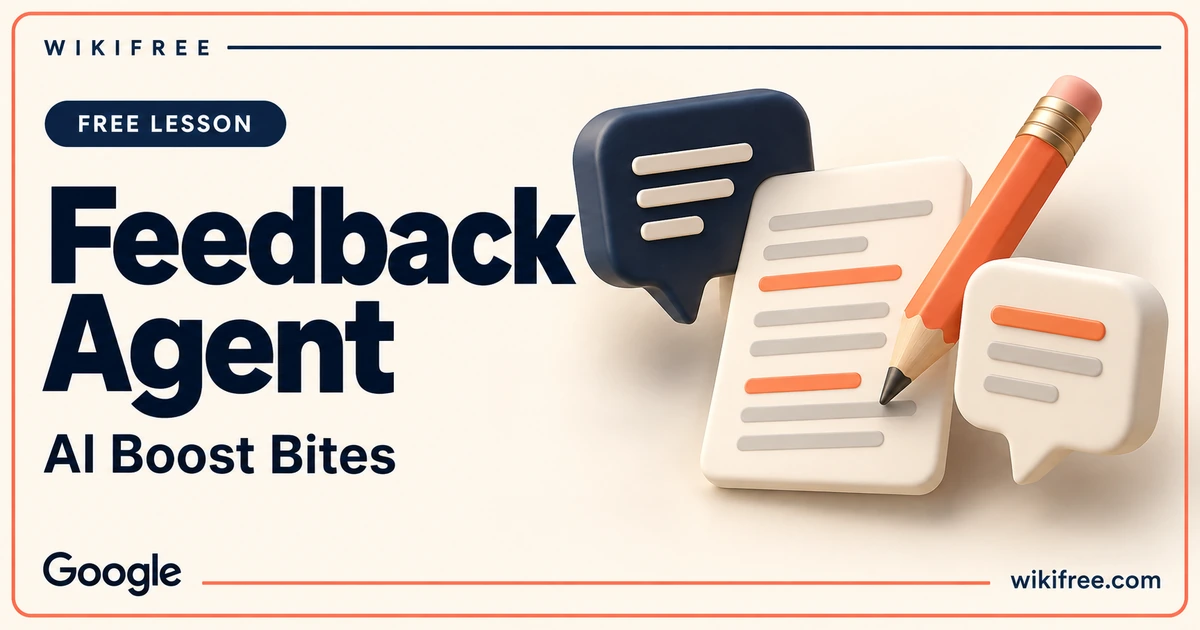WikiFree Feedback Agent lesson cover with a draft page, pencil and comment bubbles.