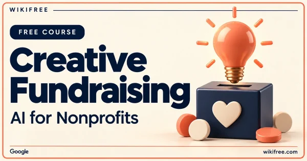 WikiFree Creative Fundraising course cover with a coral lightbulb, heart donation box and unmarked tokens.