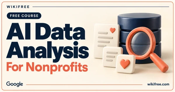 WikiFree AI Data Analysis for Nonprofits course cover with database cylinders, a coral magnifying glass and information tiles with hearts.