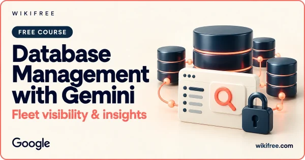 Database Management with Gemini course cover with an illustrative database fleet, management console, magnifier and padlock.