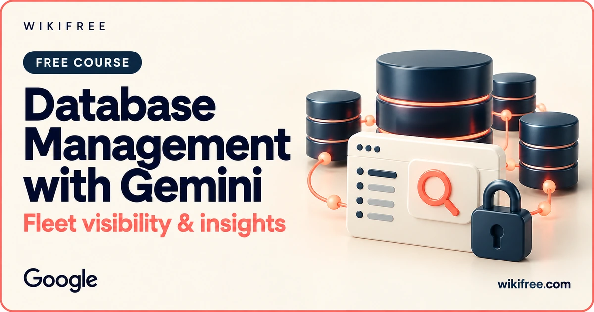 Database Management with Gemini course cover with an illustrative database fleet, management console, magnifier and padlock.