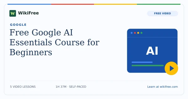 Free Google AI Essentials Course for Beginners. Original WikiFree artwork in Google-inspired blue, red, yellow and green.