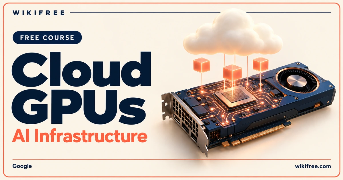 Cloud GPUs course cover with an illustrated graphics processor, floating cloud and glowing data cubes.
