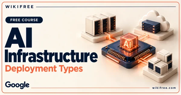 WikiFree AI Infrastructure course cover with an AI processor cube connected to symbolic deployment modules.