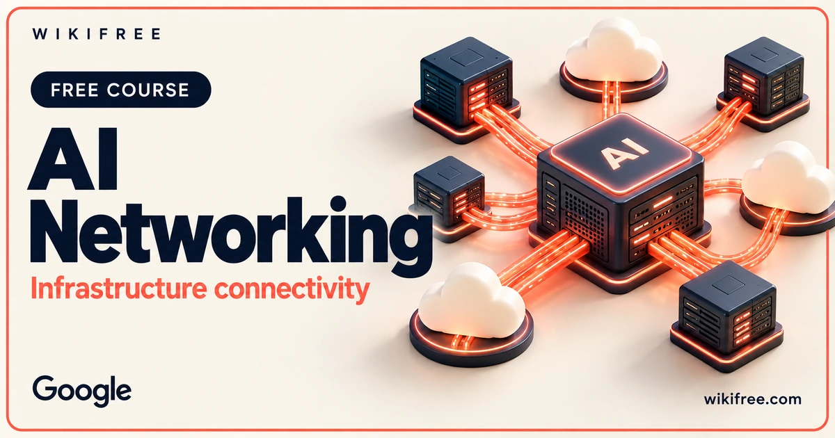 AI Networking course cover with an illustrative compute hub connected to servers and clouds.