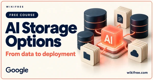 AI Storage Options course cover with an illustrative AI core connected to storage cylinders and files.