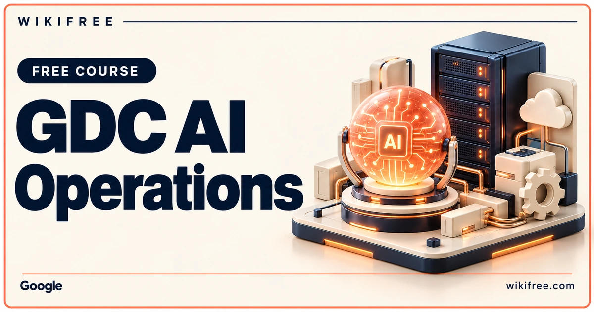 WikiFree GDC AI Operations course cover with an illuminated AI sphere, server rack, cloud tile and operations gear.