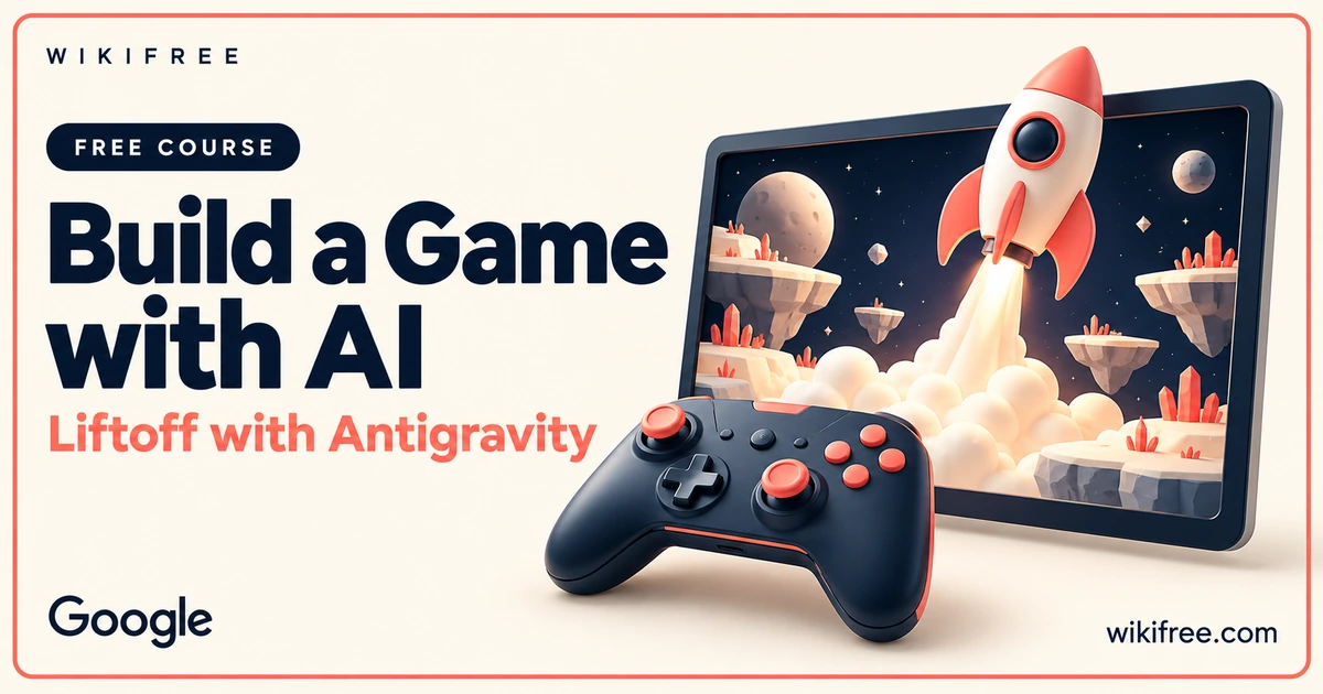 Build a Game with AI course cover with an original illustrative space game, rocket and controller.