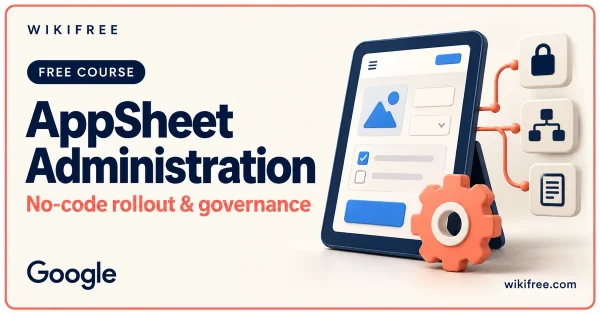 AppSheet Administration course cover with an illustrative no-code app console, workflow blocks and governance controls.