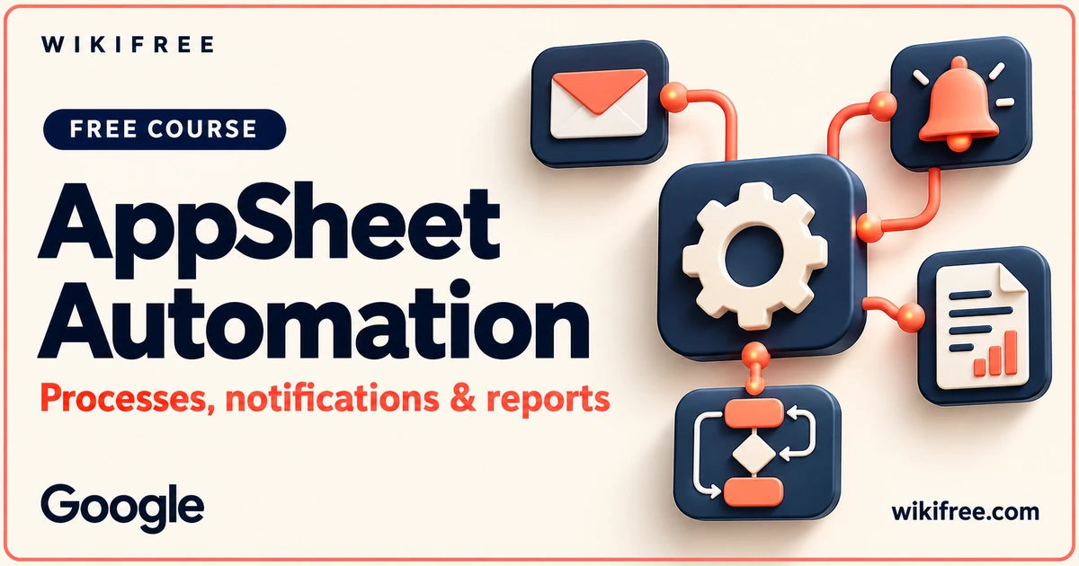 AppSheet Automation course cover with a conceptual workflow hub, email, notification and report objects.