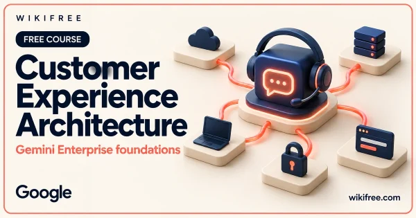 Customer Experience Architecture course cover with a conceptual conversational service hub connected to cloud and deployment objects.