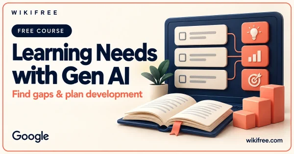 Learning Needs with Gen AI course cover with an illustrative assessment console, survey cards and study book.