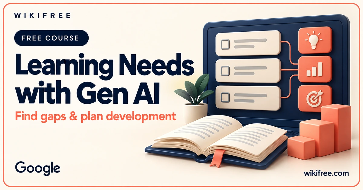 Learning Needs with Gen AI course cover with an illustrative assessment console, survey cards and study book.