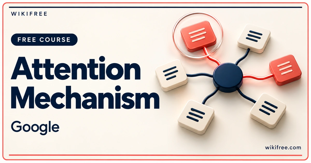 Attention Mechanism by Google, illustrated with connected text tiles and two highlighted input tiles.