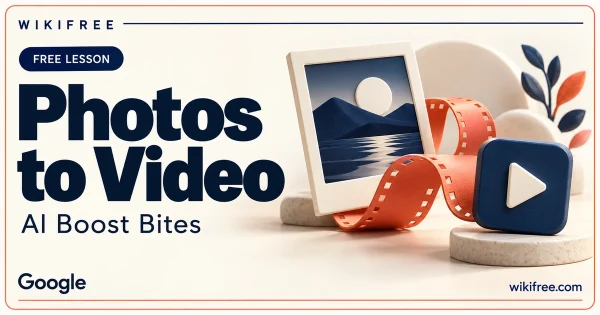 WikiFree Photos to Video lesson cover with an abstract photo frame, film ribbon and play tile.