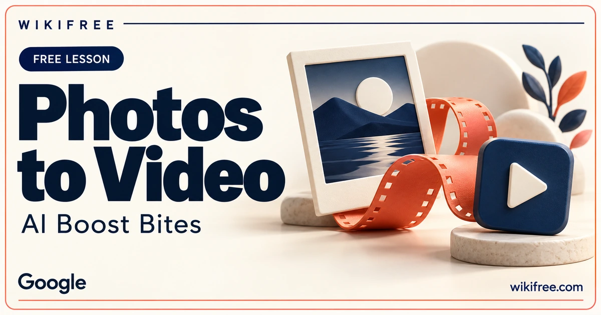 WikiFree Photos to Video lesson cover with an abstract photo frame, film ribbon and play tile.