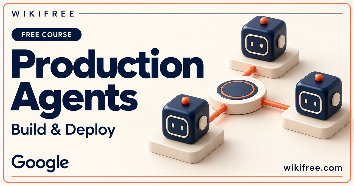 WikiFree Production Agents course cover with conceptual agent cubes on hosting platforms.