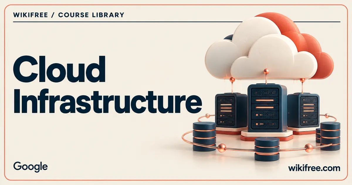 Cloud above server and storage modules on a WikiFree cloud infrastructure course cover.