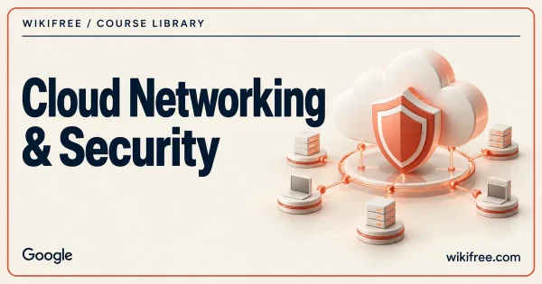 Cloud and shield connected to server nodes on a WikiFree cloud networking and security course cover.