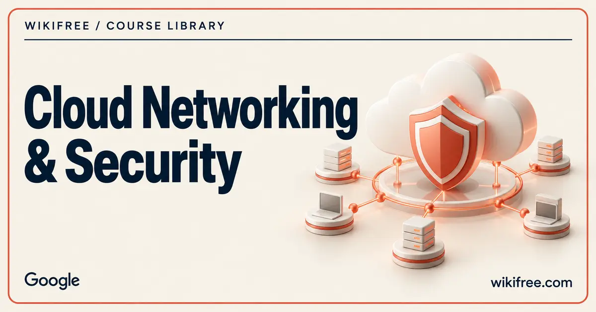 Cloud and shield connected to server nodes on a WikiFree cloud networking and security course cover.