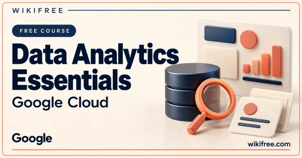 WikiFree Data Analytics Essentials course cover with a navy database, coral magnifying glass and unlabelled report and dashboard shapes.