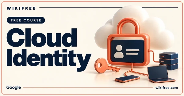 Cloud Identity course cover with an illustrated identity card, padlock, key and connected devices.