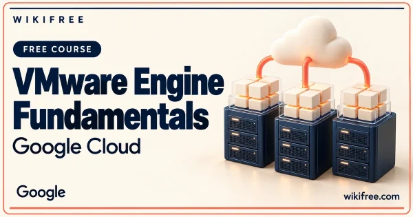 WikiFree VMware Engine Fundamentals course cover with navy server towers, cream virtual-machine cubes and a cloud connected by coral links.