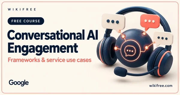 Conversational AI Engagement course cover with an illustrative headset, conversation bubbles and AI core.