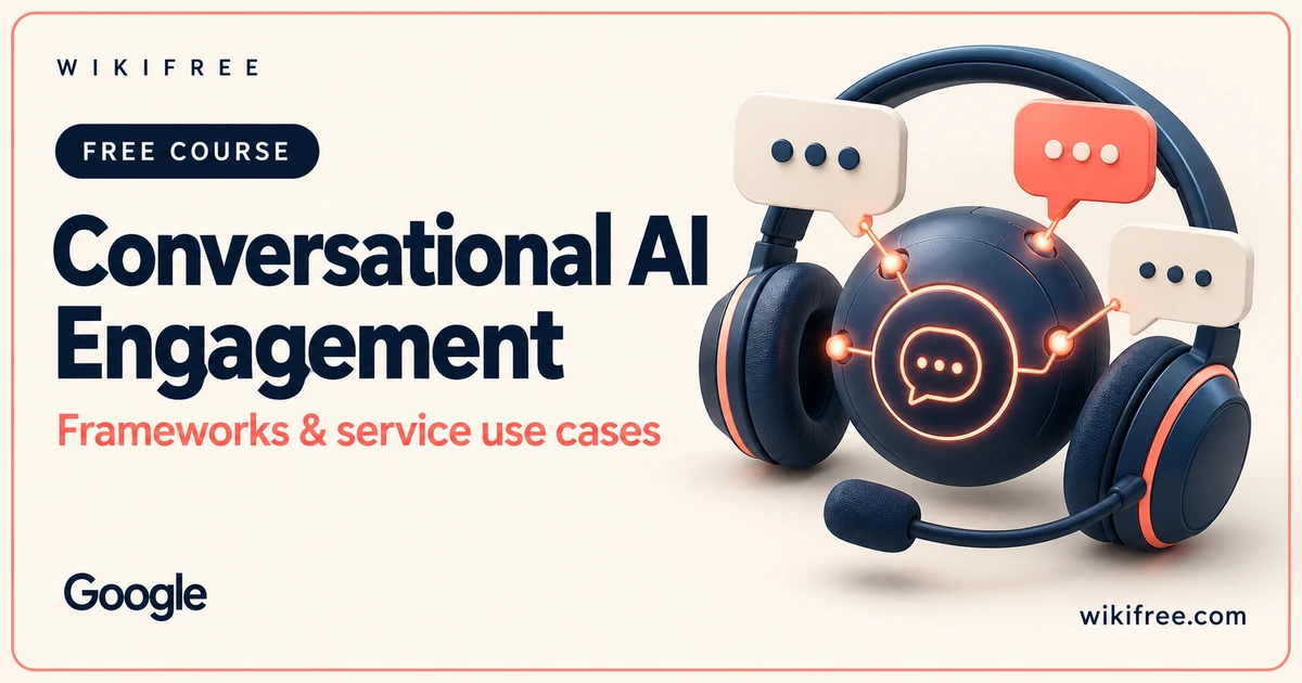 Conversational AI Engagement course cover with an illustrative headset, conversation bubbles and AI core.