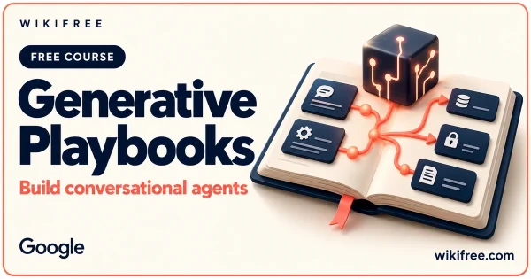 Generative Playbooks course cover with an illustrative open playbook, workflow tiles and agent circuitry cube.