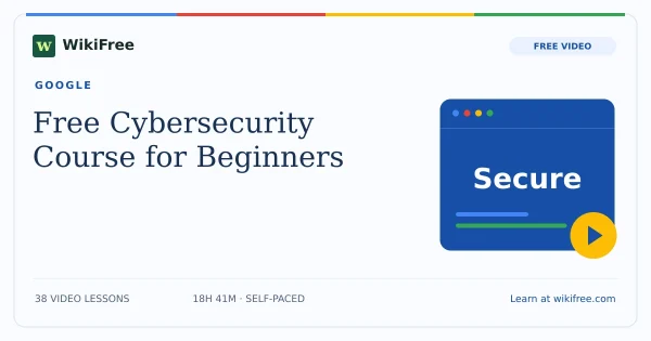 Free Cybersecurity Course for Beginners by Google. Original WikiFree artwork in Google-inspired blue, red, yellow and green.