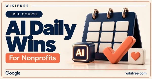 WikiFree AI Daily Wins for Nonprofits course cover with a blank calendar, AI cube, coral checkmark and heart tile.