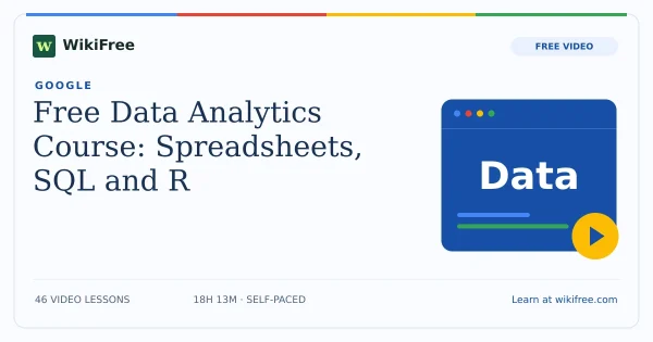 Free Data Analytics Course: Spreadsheets, SQL and R. Original WikiFree artwork in Google-inspired blue, red, yellow and green.