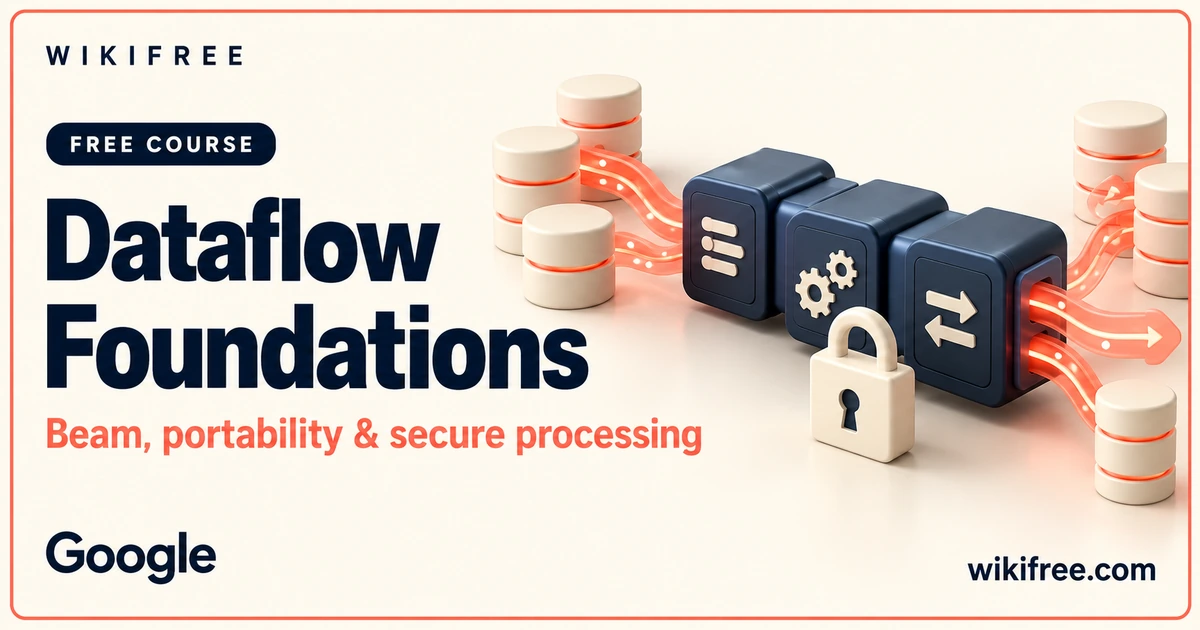 Dataflow Foundations course cover with a conceptual processing pipeline, data cylinders and security lock.