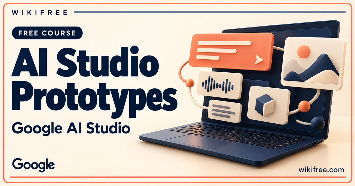 WikiFree AI Studio Prototypes course cover with a navy laptop and floating abstract text, audio, image and application tiles.