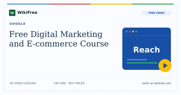 Free Digital Marketing and E-commerce Course by Google. Original WikiFree artwork in Google-inspired blue, red, yellow and green.