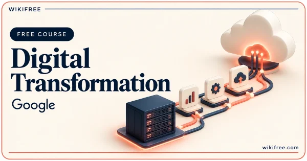 Digital Transformation by Google, illustrated with a server, cloud and connected service tiles.