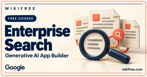 WikiFree Enterprise Search course cover with a magnifying glass and document tiles.