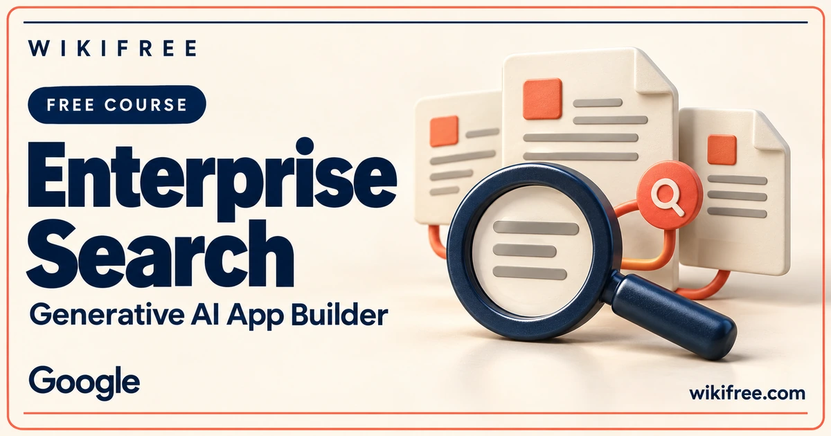 WikiFree Enterprise Search course cover with a magnifying glass and document tiles.