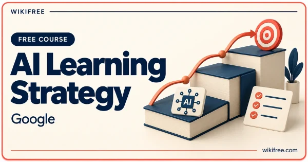 AI Learning Strategy by Google, illustrated with ascending books, a learning path, a target and checklist.