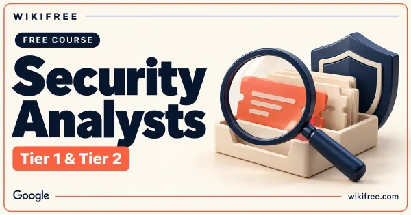 WikiFree Security Analysts course cover with a magnifying glass, incident-ticket tray and shield for Tier 1 and Tier 2 analysts.