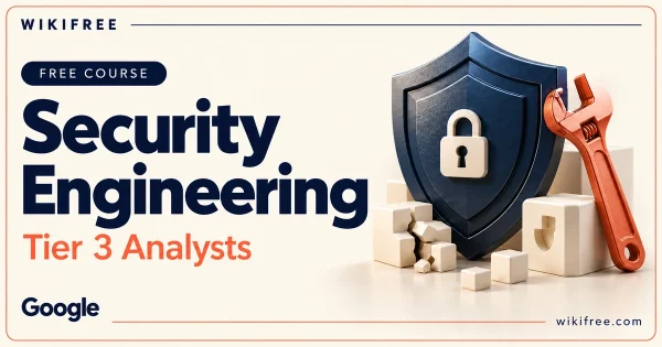 WikiFree Security Engineering course cover with a shield, padlock, coral wrench and broken blocks for Tier 3 analysts.