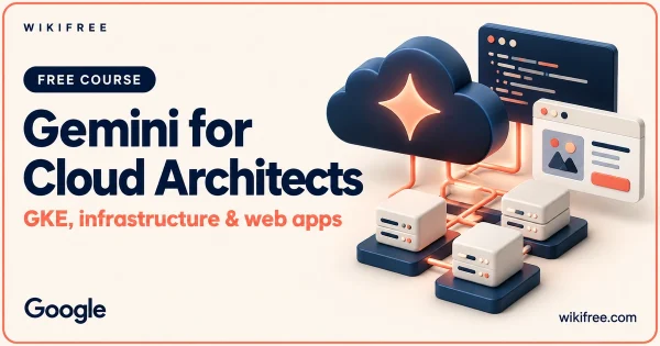 Gemini for Cloud Architects course cover with a conceptual cloud console, compute cluster and command card.